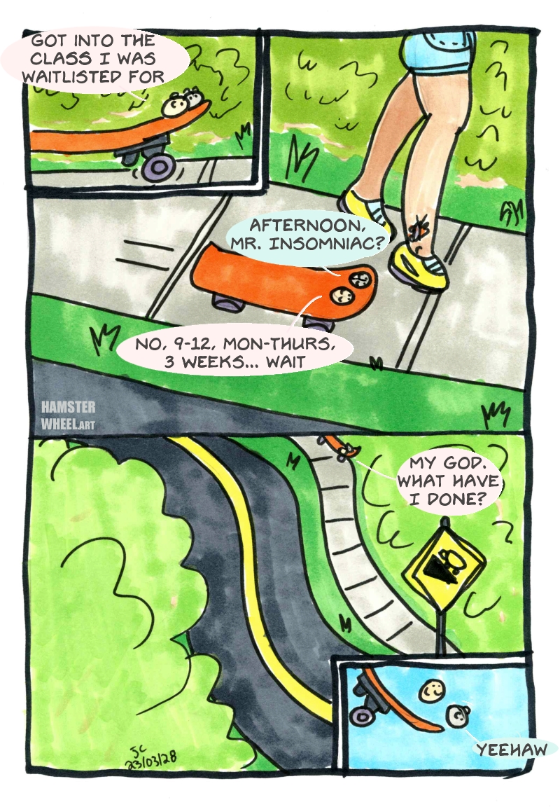 Comic. Two hamsters are talking while riding a skateboard past a human. They are discussing a class the yellow hamster has signed up for and is excited for. The yellow hamster slowly realizes he has signed up for a class that is every day at 9 am and the grey hamster points out he has an insomnia problem. As the skateboard rides into the air off a steep hill and the hamsters detach from the skateboard, the grey hamster says 'yeehaw'.
