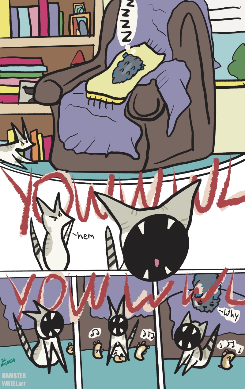 Comic. First panel: A guinea pig, Guineamom, is sleeping on a chair and Muezza that cat who is just a cat and not a person approaches with an intent look. Second panel she goes HEM and begins a panel breaking yowl. In the last three panels Hamham comes across her and instead of stopping her, proceeds to groove along to the jazz. Guineamom, exhausted, asks 'why'