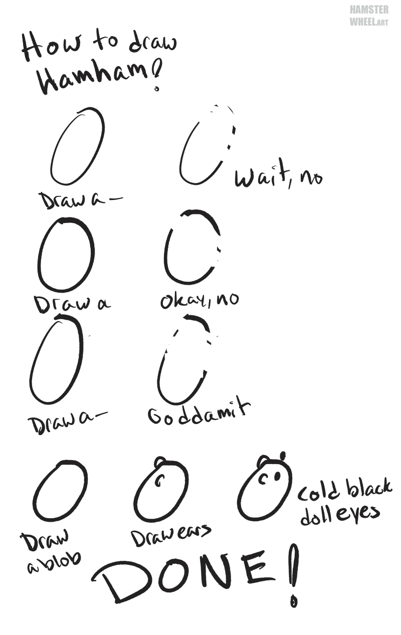 Comic guide:'How To Draw Hamham!' After multiple failed attempts to draw a single blob, the second step is done (ears added) and then the third (eyes added) that are labelled 'cold black doll eyes' Done!